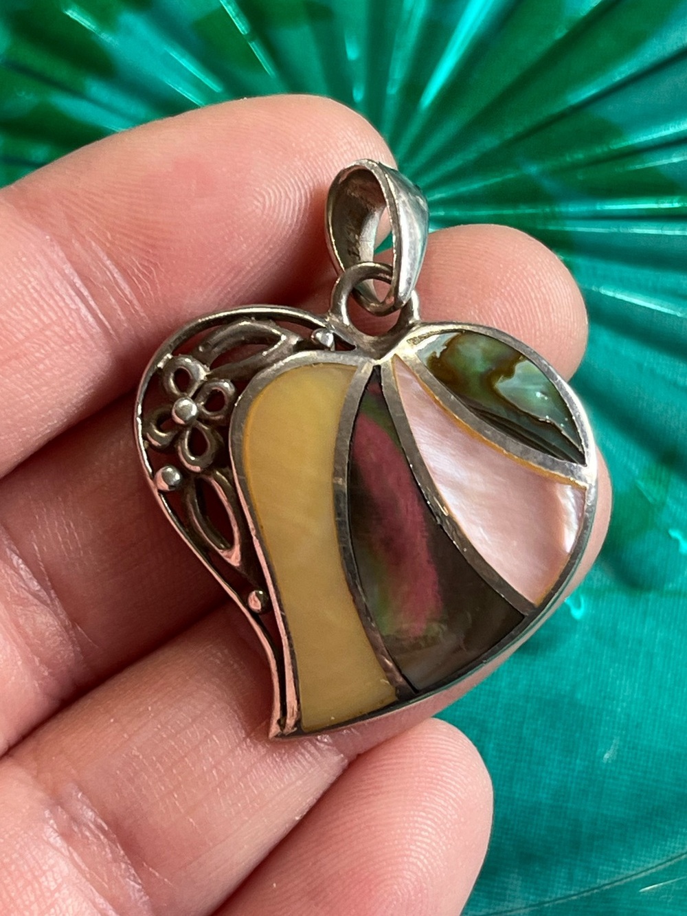 Vintage Sterling Silver 925 Filigree Abalone Mother of Pearl Inlay Heart Pendant